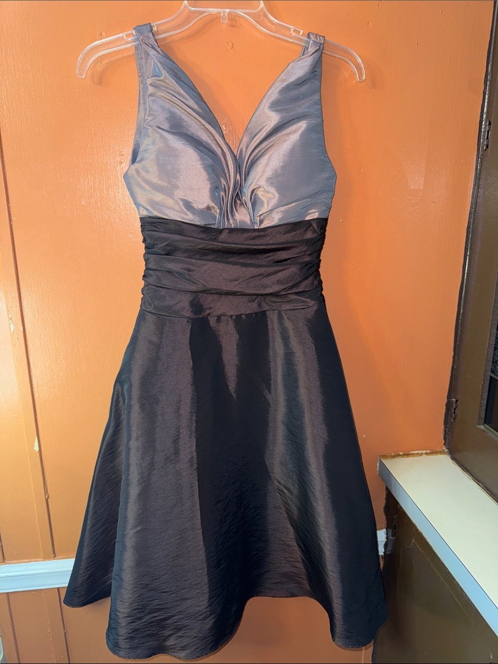 Two-Tone V-Neck Midi Dress in Silver and Black